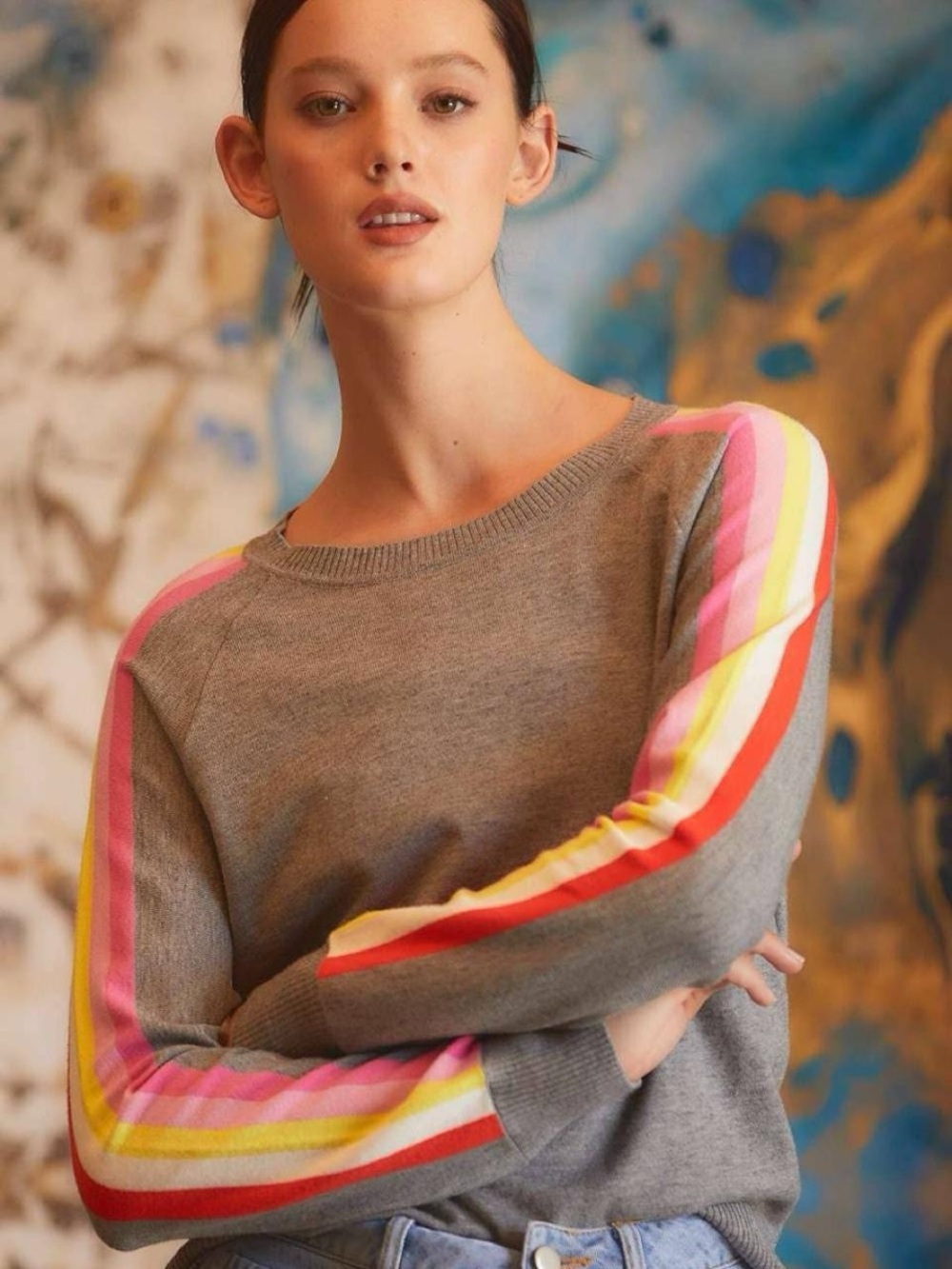 THML Gray Crewneck Sweater with Pink, Yellow & Orange Striped Sleeves